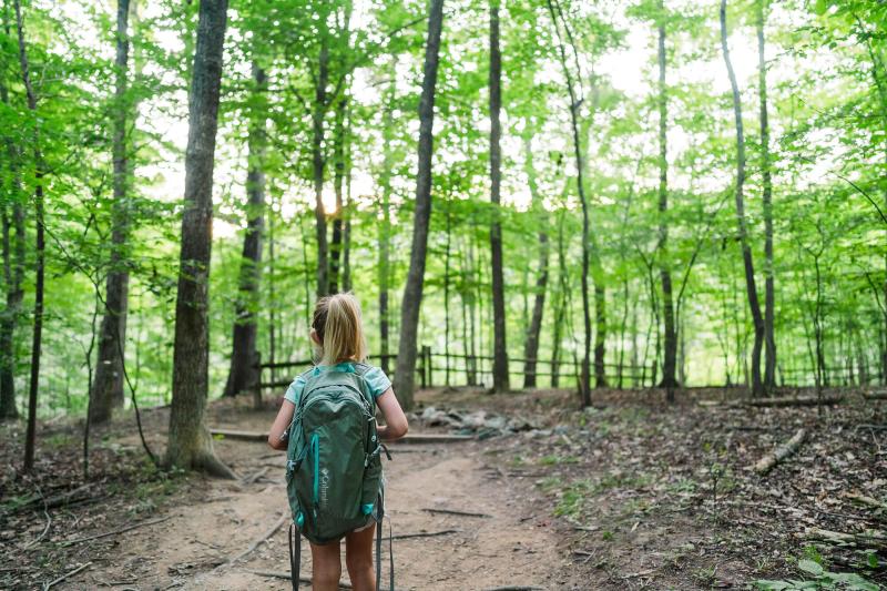 a girl hiking in the woods in the middle of summer