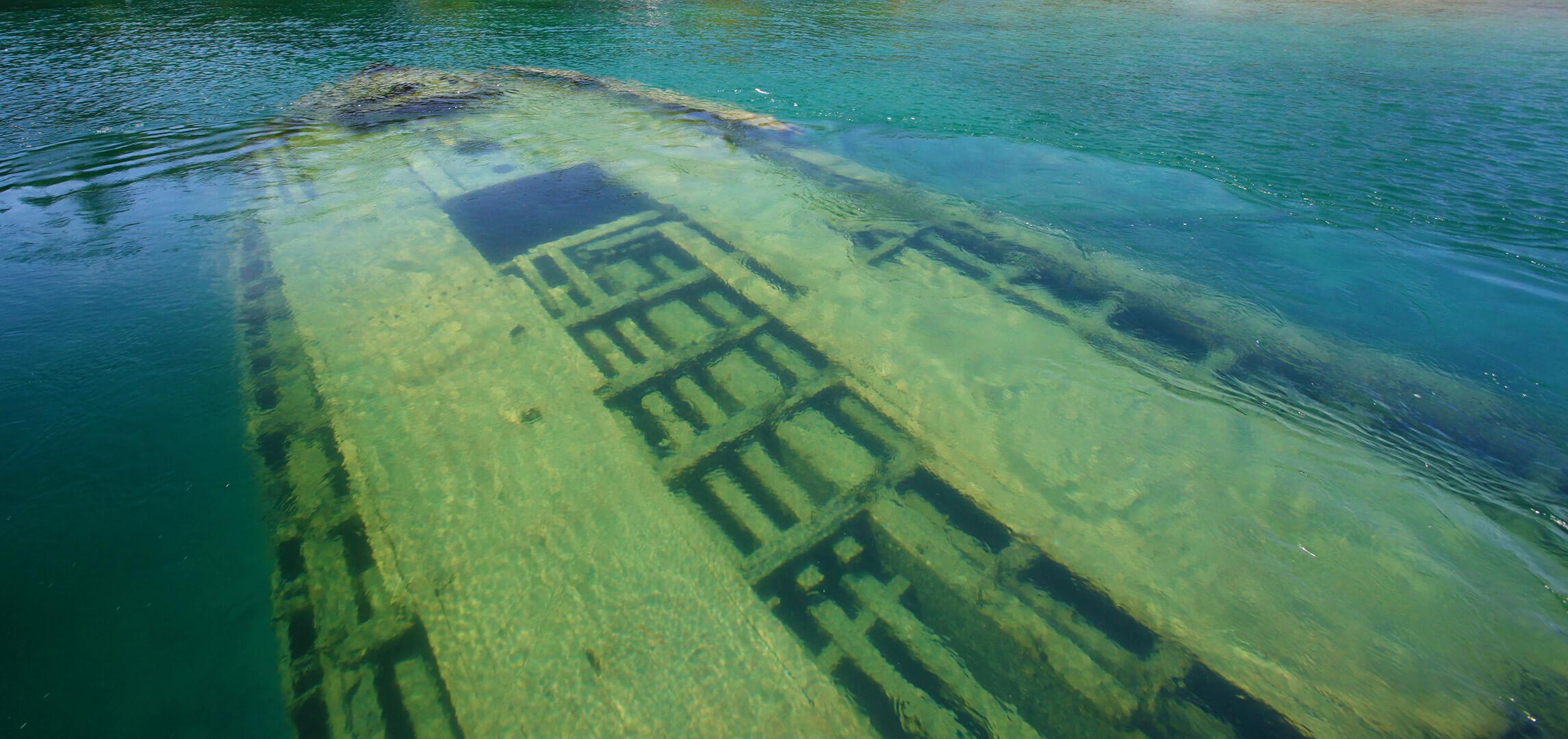 a ship submerged in the water