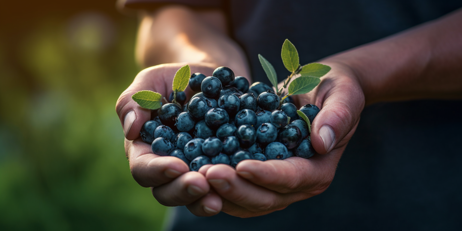 Hands holding a bunch of blueberries