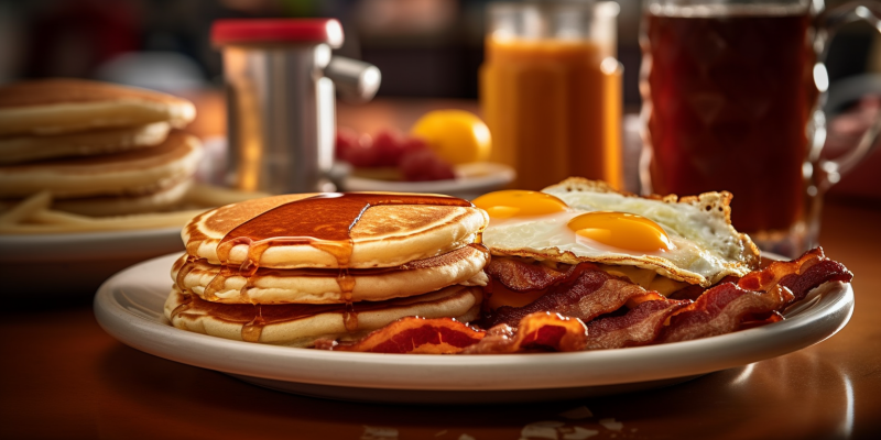 A plate of syrupy pancakes, with eggs and bacon