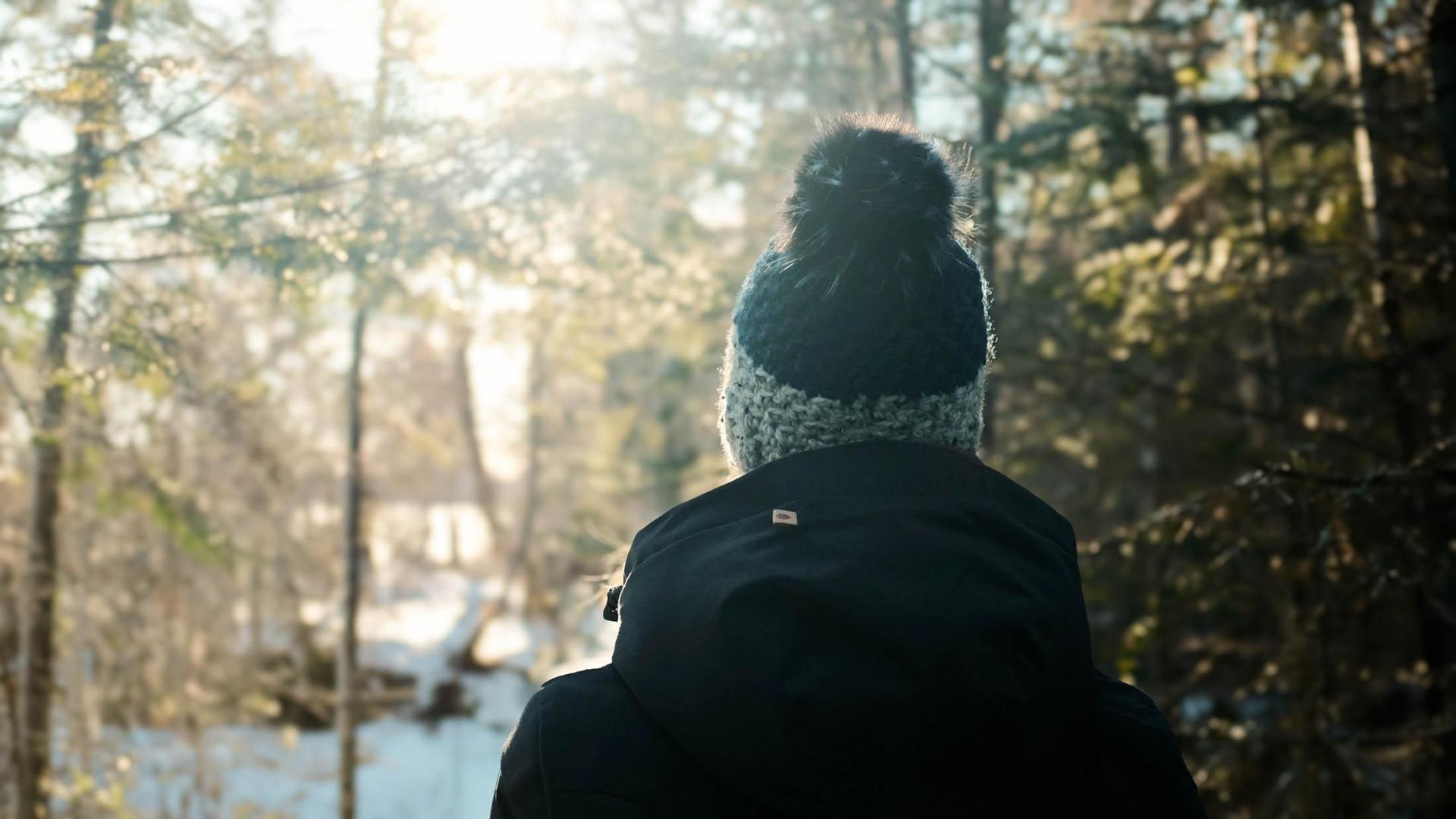 A winter hike in the woods.