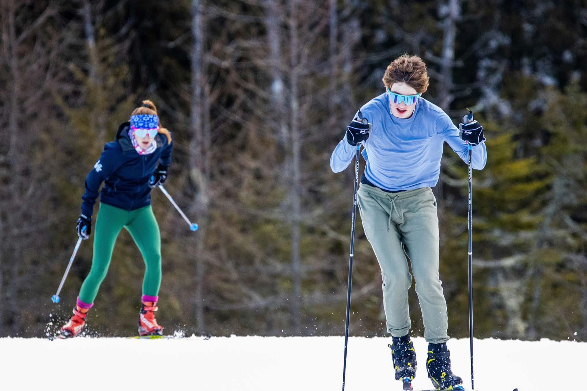 Two people cross-country skiing.