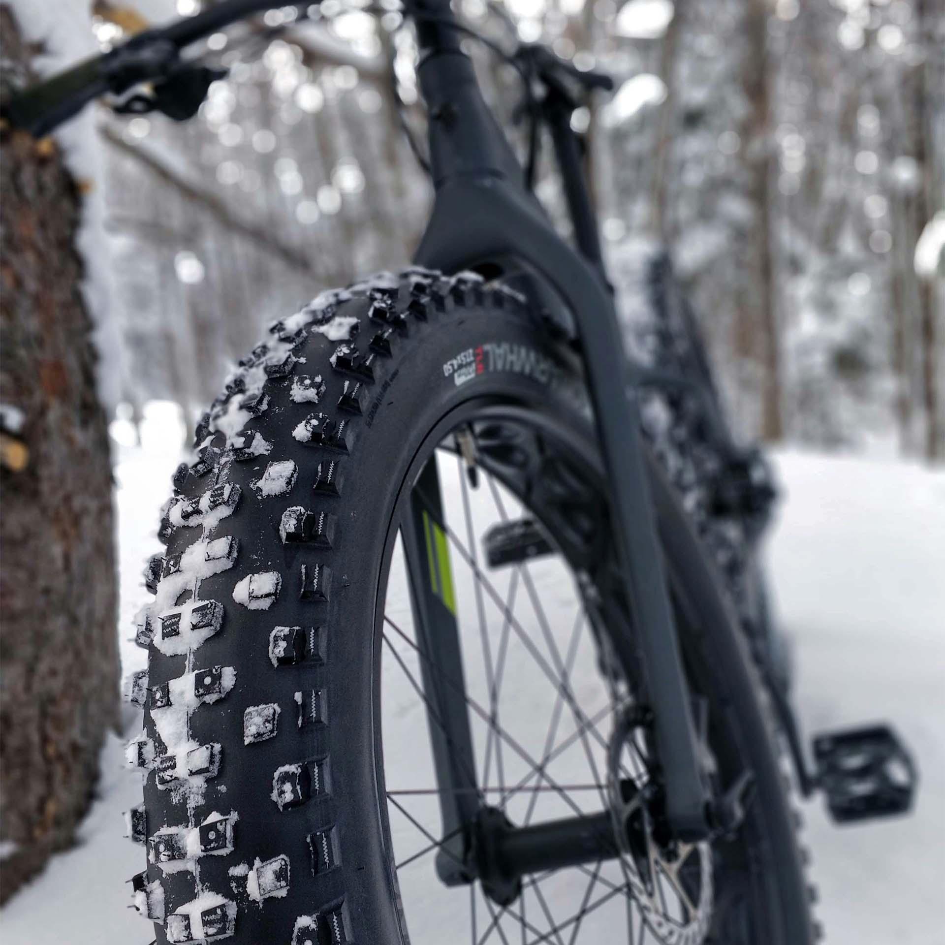 A fat tire bike in the snow.