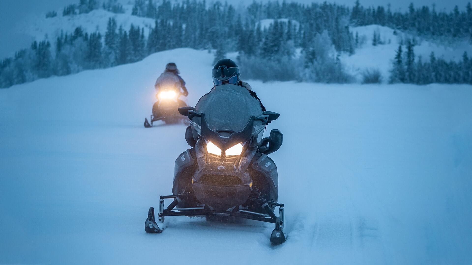 2 snowmobilers driving through a snowy field