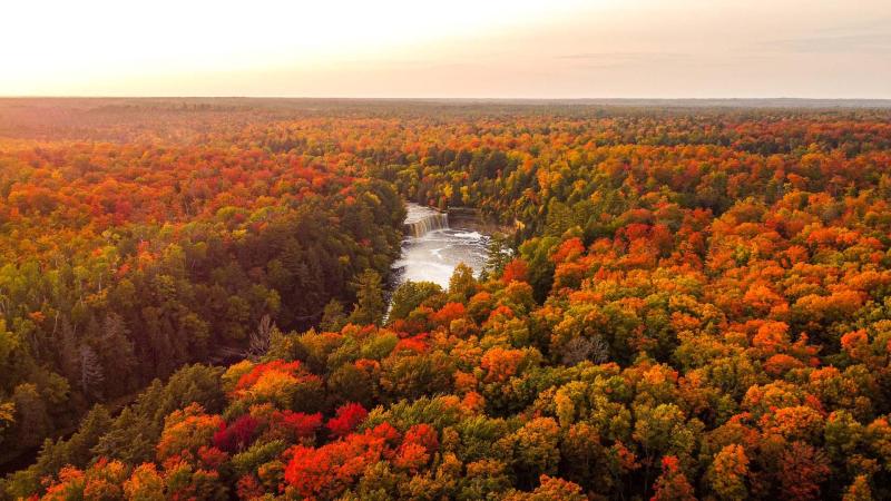 An aerial view of Upper Tahquamenon falls with lots of fall color. 