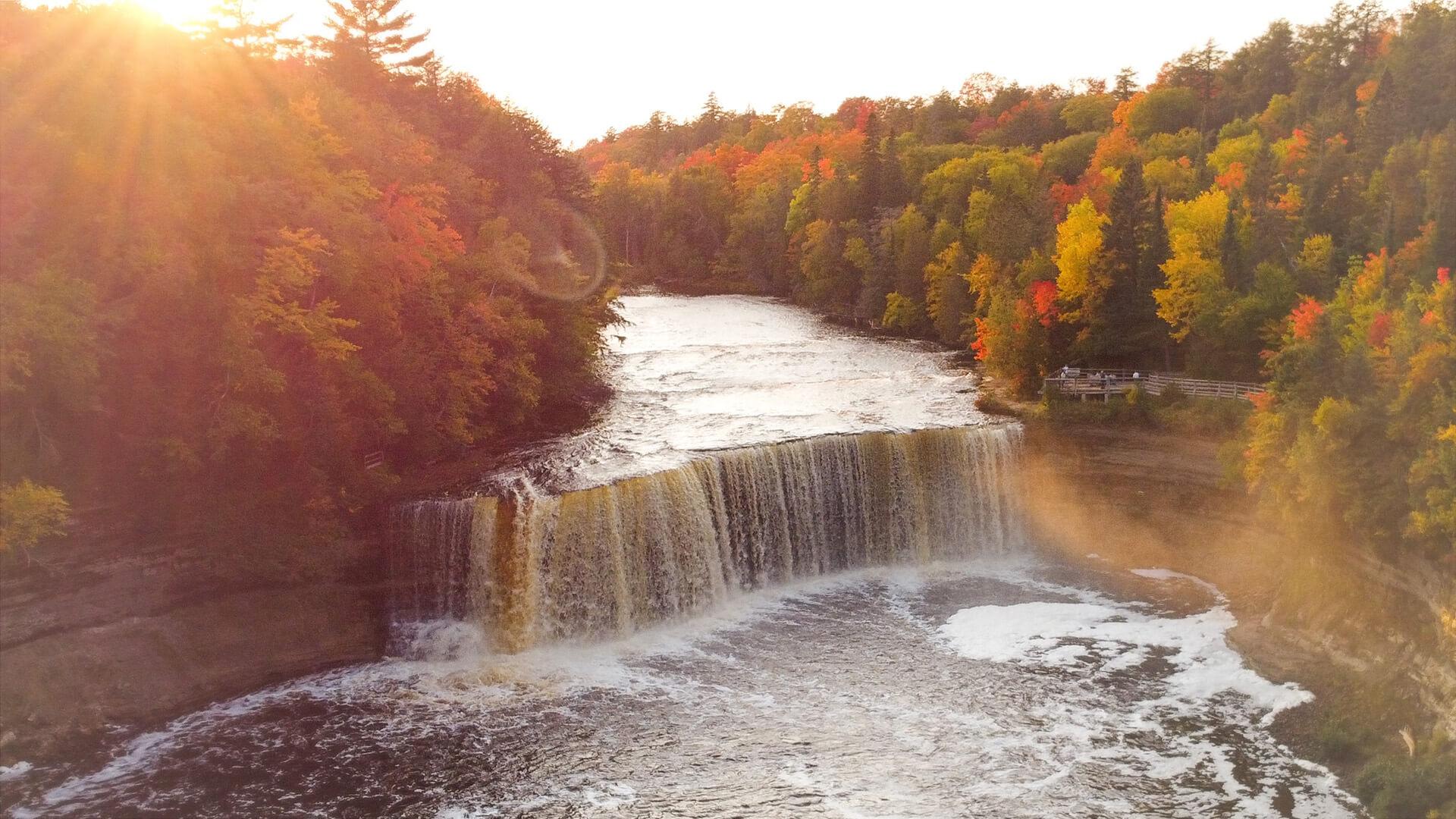 Upper Tahquamenon Falls drone at sunset